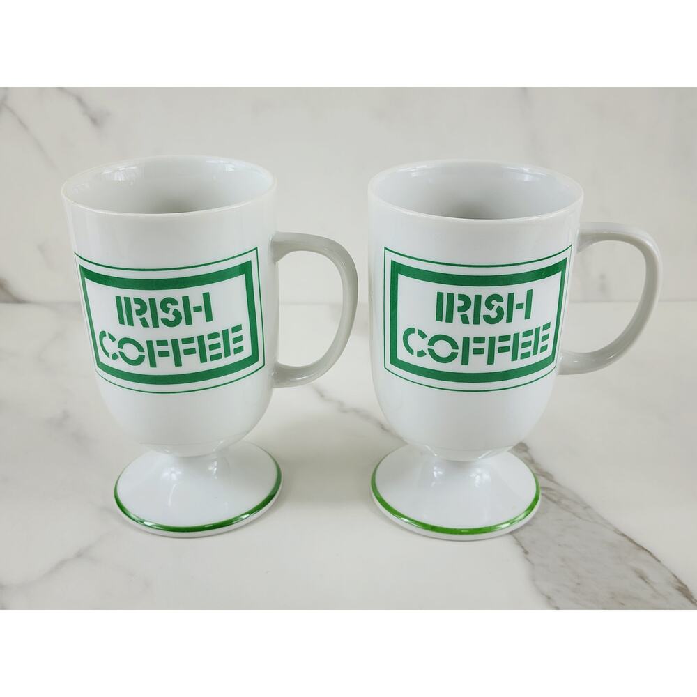 Irish Coffee Mug w/ Recipe 10oz Green Clover Pedestal 5" White Porcelain x2 Vtg
